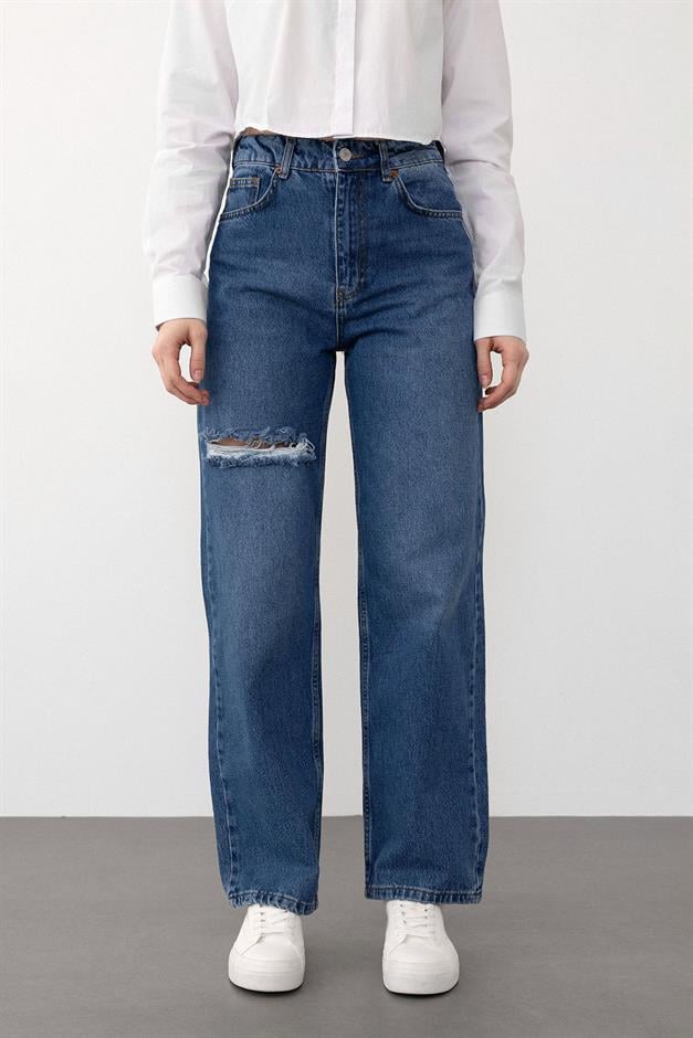 بنطال جينز ممزق واسع الساق وخصر مرتفع أزرق 7575
