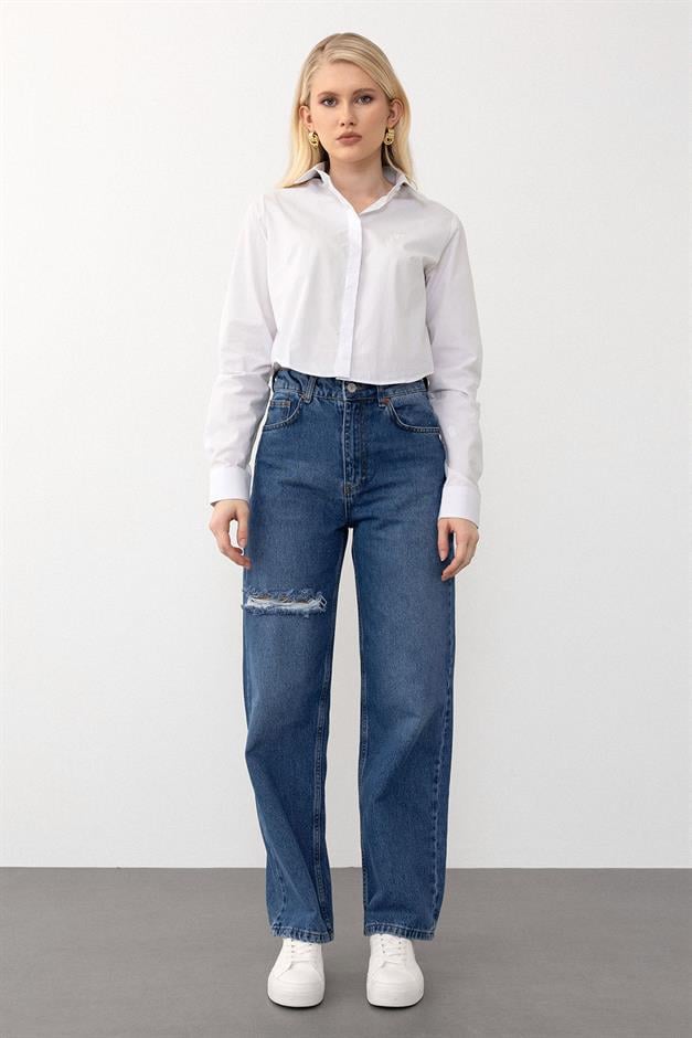 بنطال جينز ممزق واسع الساق وخصر مرتفع أزرق 7575