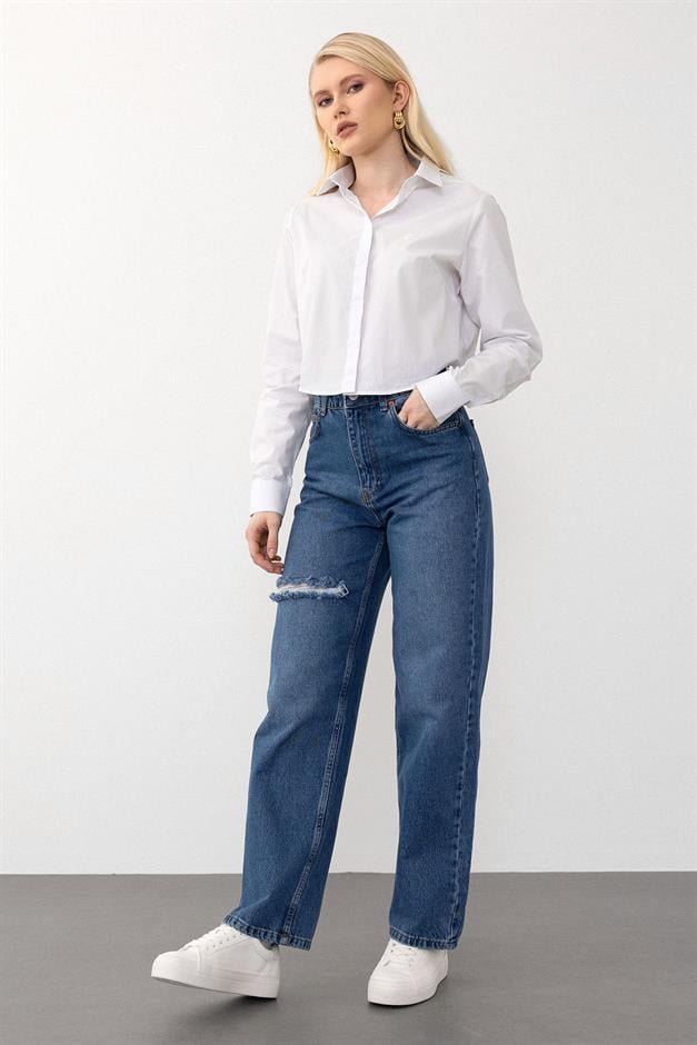 بنطال جينز ممزق واسع الساق وخصر مرتفع أزرق 7575