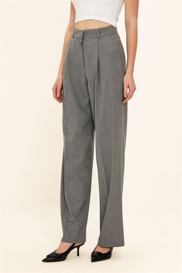 بنطلون بالازو مطوي بخصر مرتفع رمادي 7582