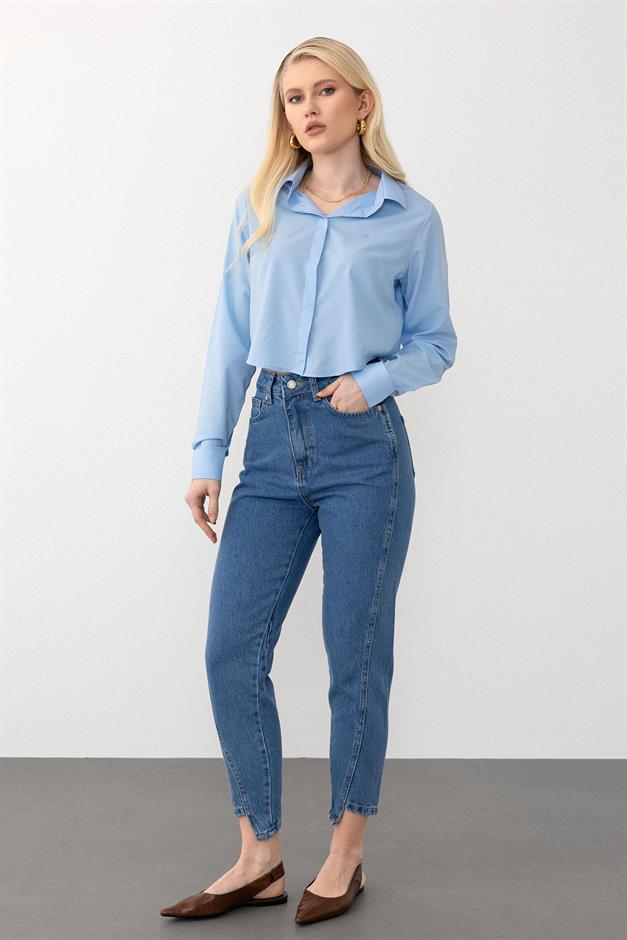 بنطال جينز بقصة مريحة وخصر مرتفع وساق مدببة أزرق 7569