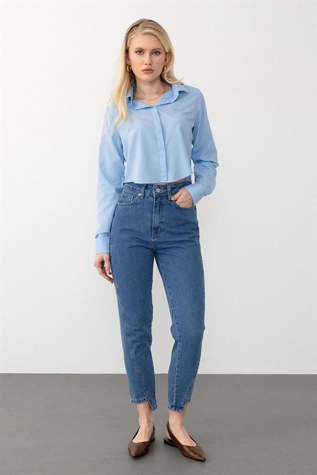 بنطال جينز بقصة مريحة وخصر مرتفع وساق مدببة أزرق 7569
