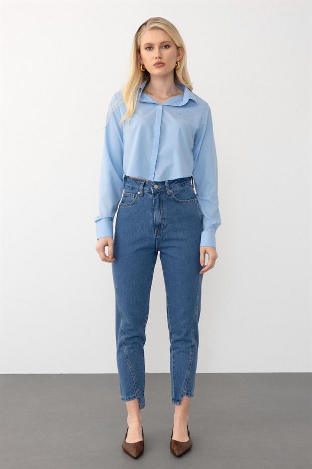 بنطال جينز بقصة مريحة وخصر مرتفع وساق مدببة أزرق 7569