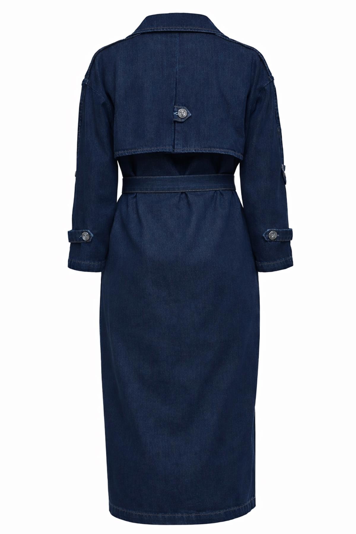 Oversized Denim Trench Coat with Epaulette and Cape Detail DARK