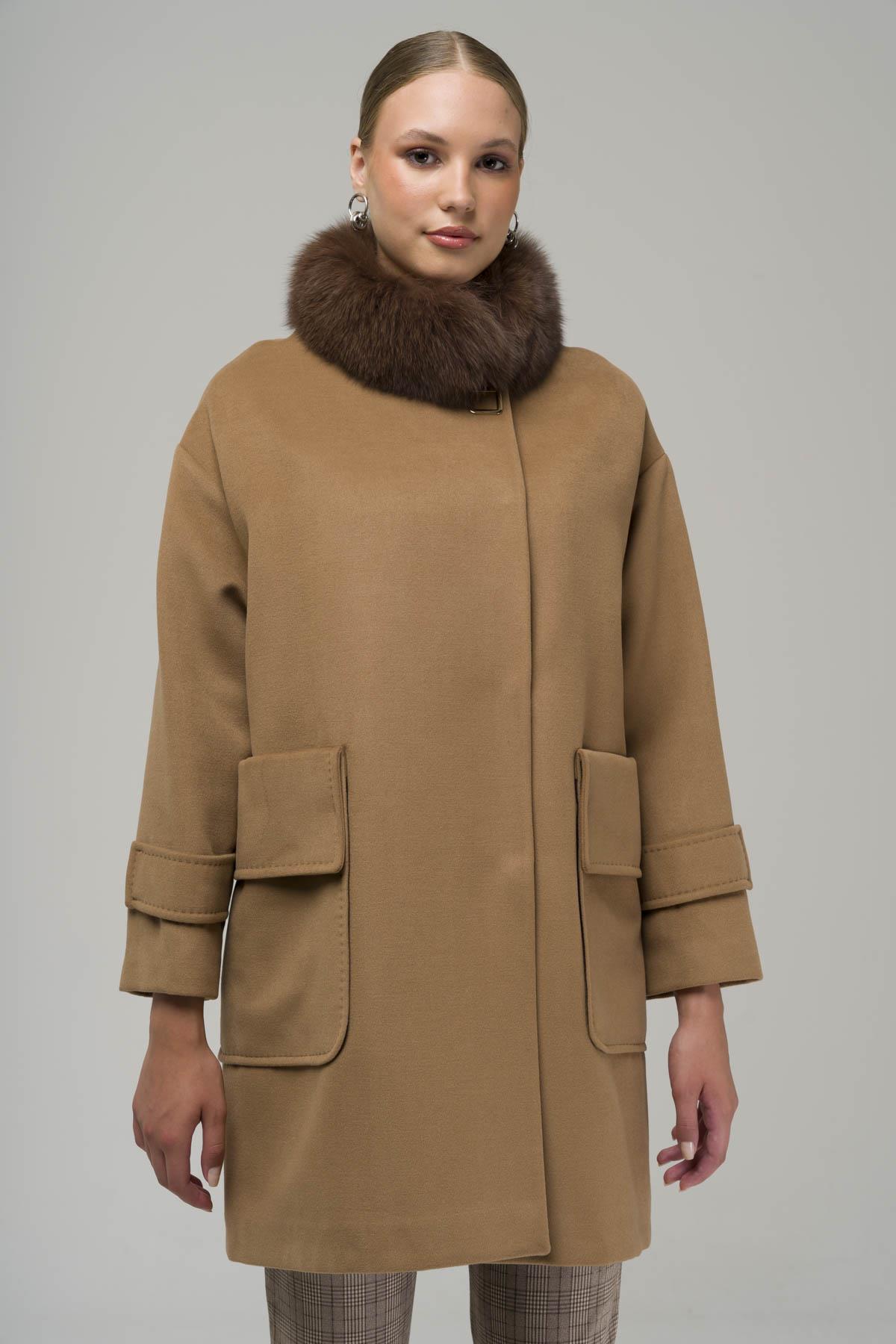 Çıkabilir Kürklü Torba Cepli Oversize Kaşmir Kaban KAMEL | Olcay Store