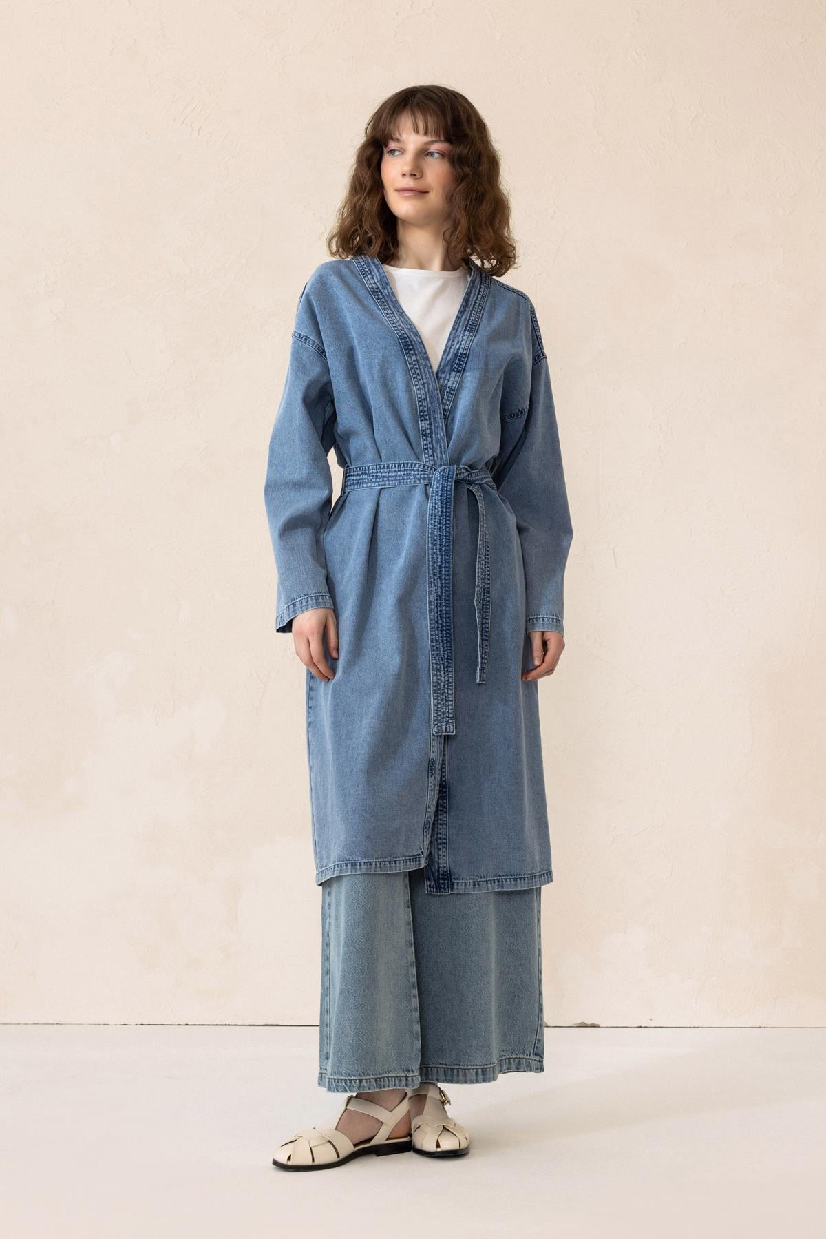 Kuşak Detaylı Astarsız Denim Kap MAVİ 6731