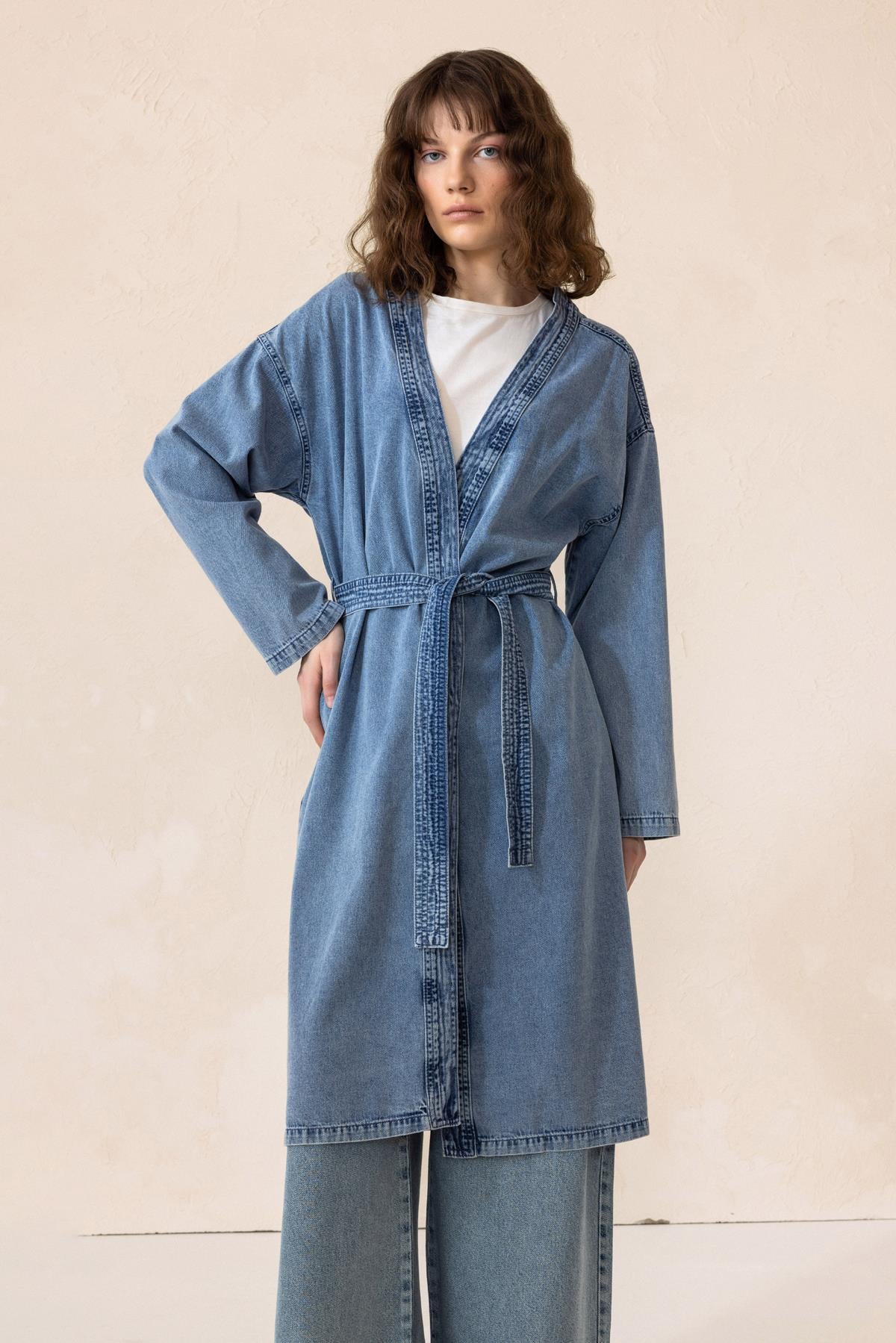 Kuşak Detaylı Astarsız Denim Kap MAVİ 6731