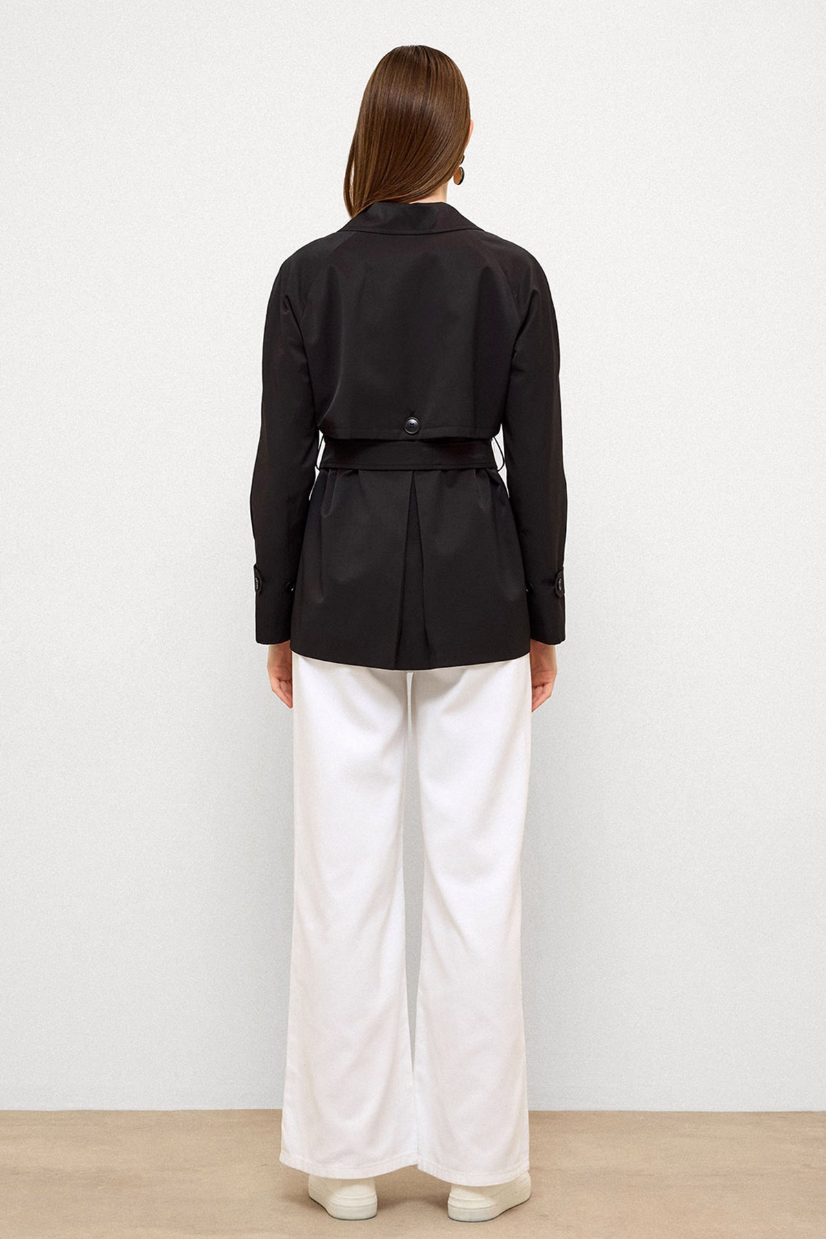 Short Trench Coat with Cape Detail and Pleated Back and Water
