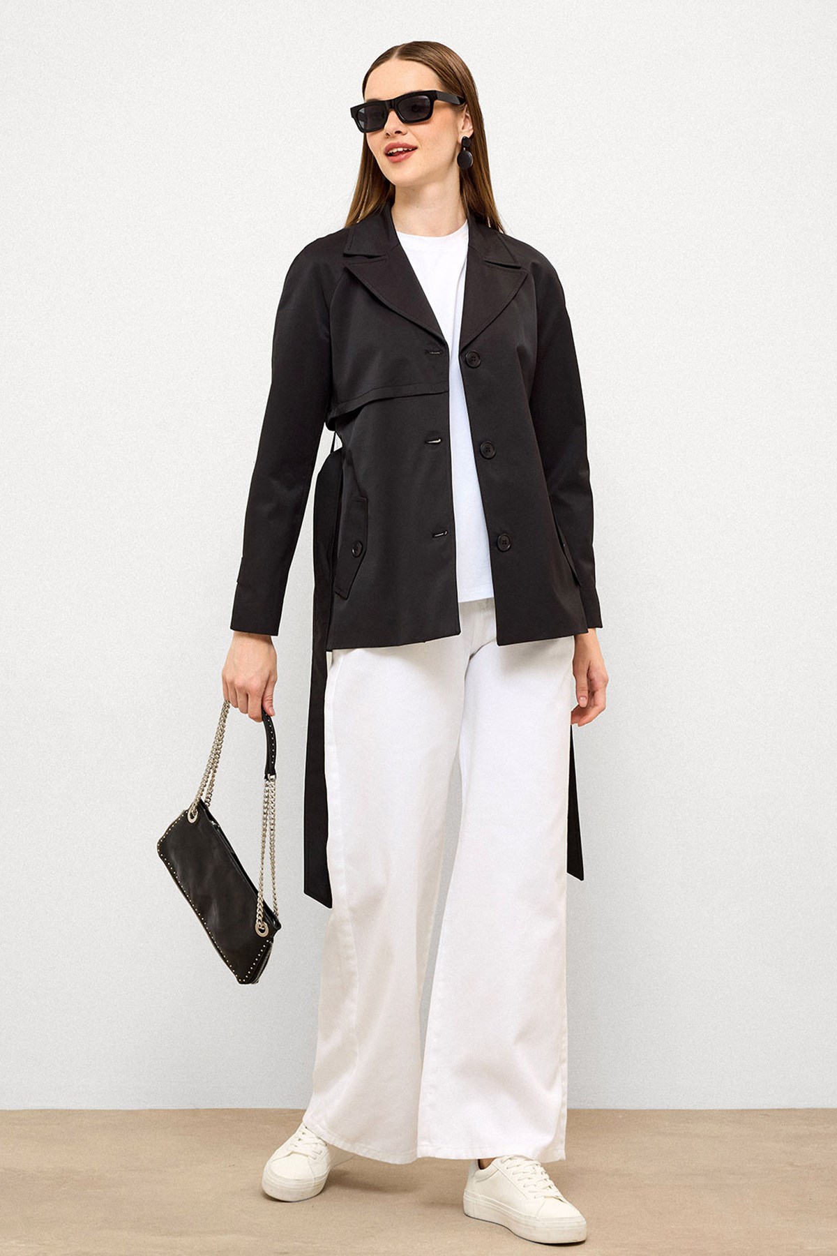 Short Trench Coat with Cape Detail and Pleated Back and Water