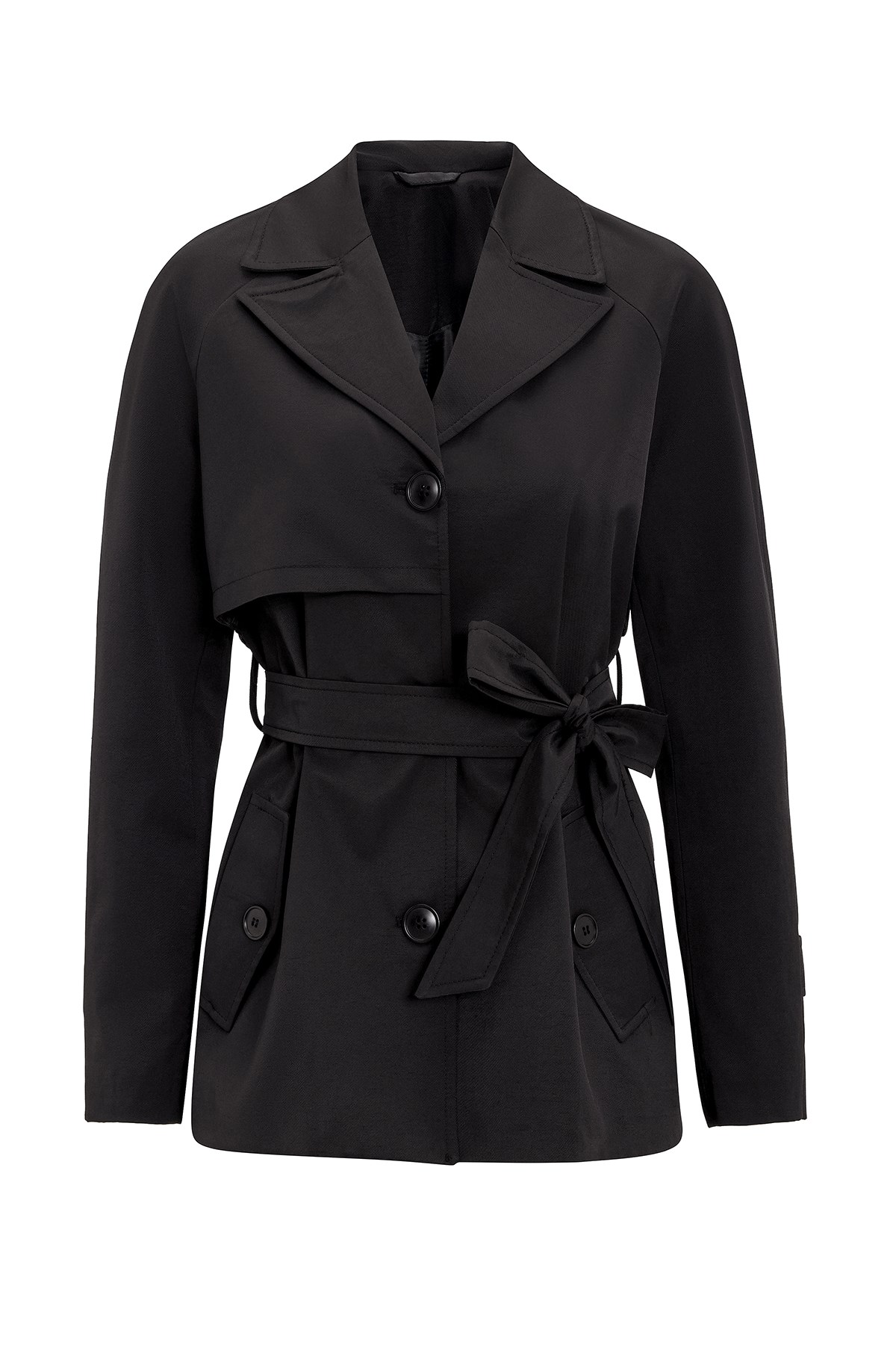 Short Trench Coat with Cape Detail and Pleated Back and Water