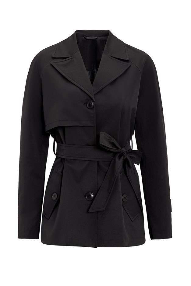 Short Trench Coat with Cape Detail and Pleated Back and Water