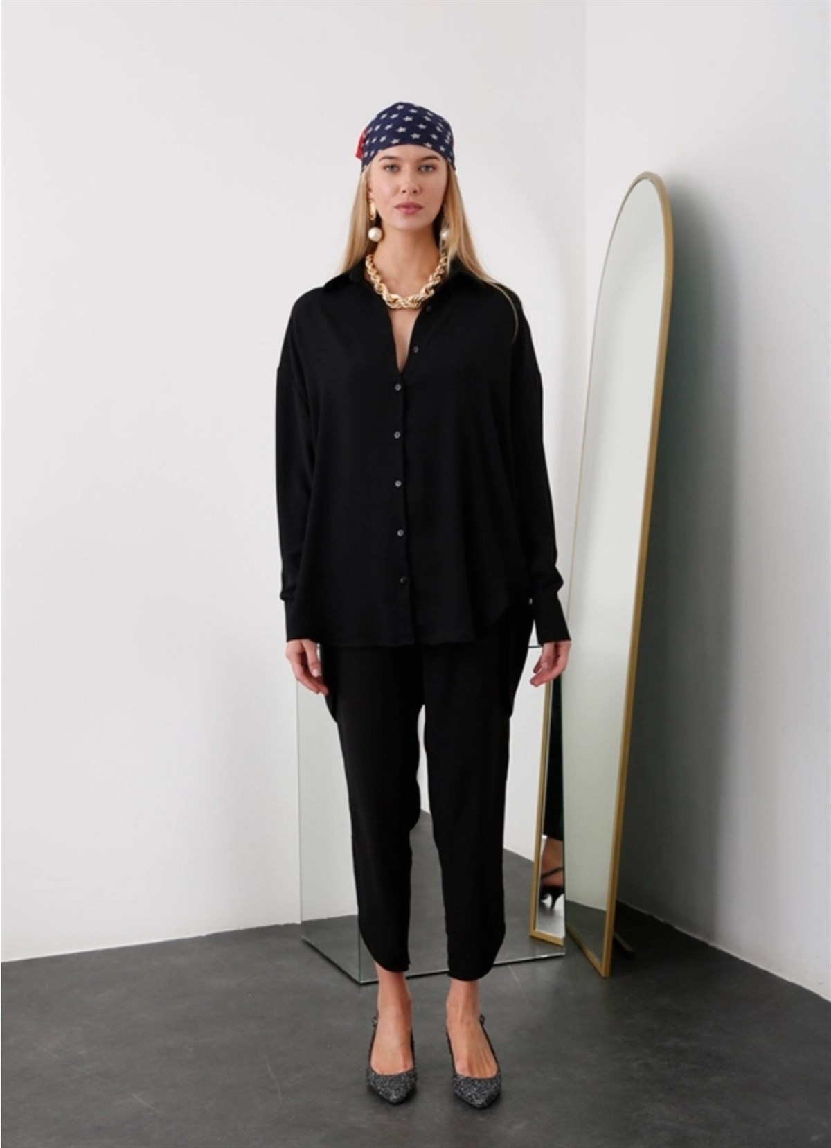 Kadın İndigo Siyah Gömlek Pantolon Oversize Takım