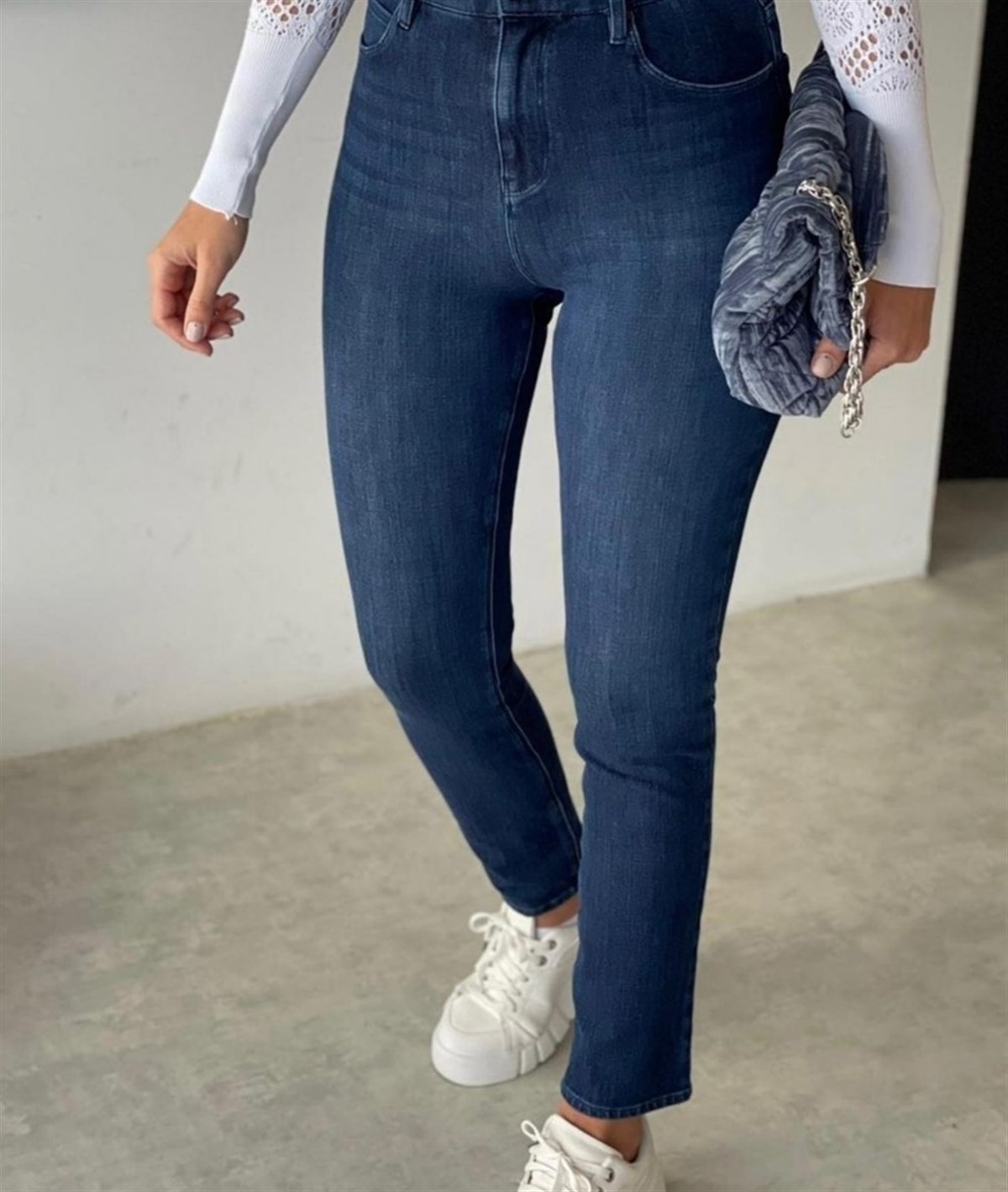 Kadın Yüksek Bel Likralı Esnek Mavi Jean Kot Pantolon