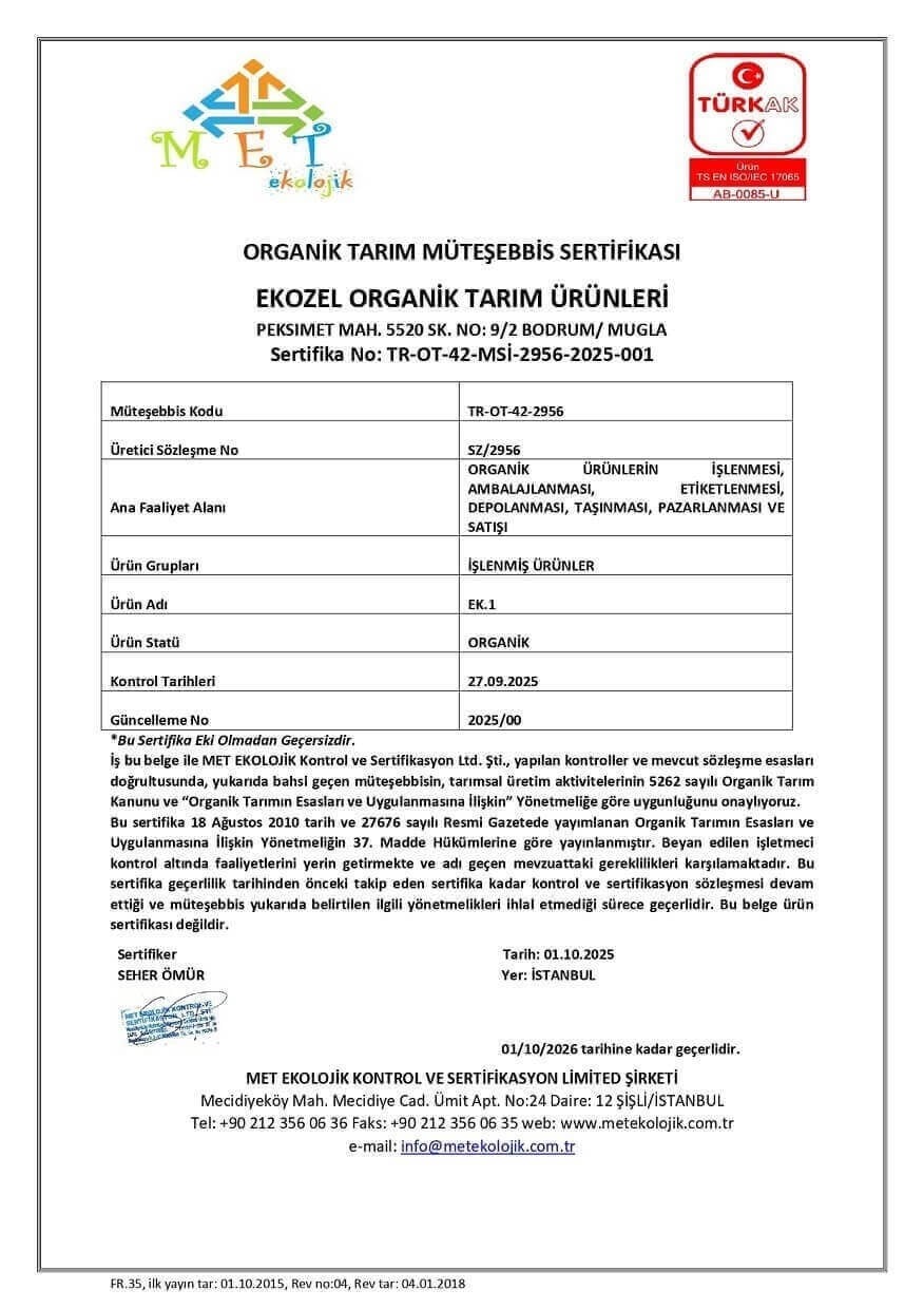 Ekozel Organik Müteşşebis Sertifika