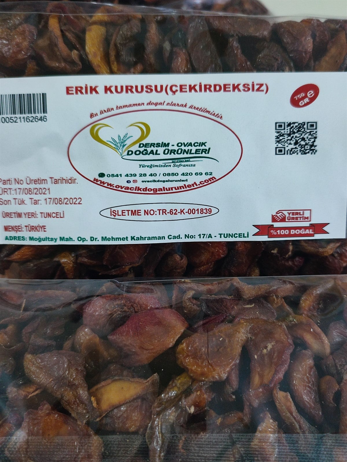DOĞAL ERİK KURUSU CEKİRDEKSİZ (750Gr)