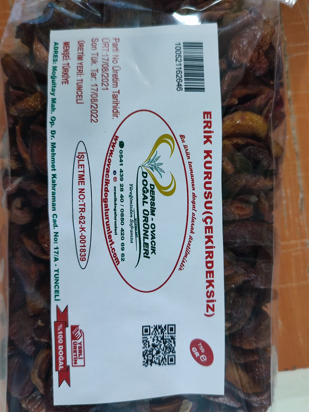 DOĞAL ERİK KURUSU CEKİRDEKSİZ (750Gr)
