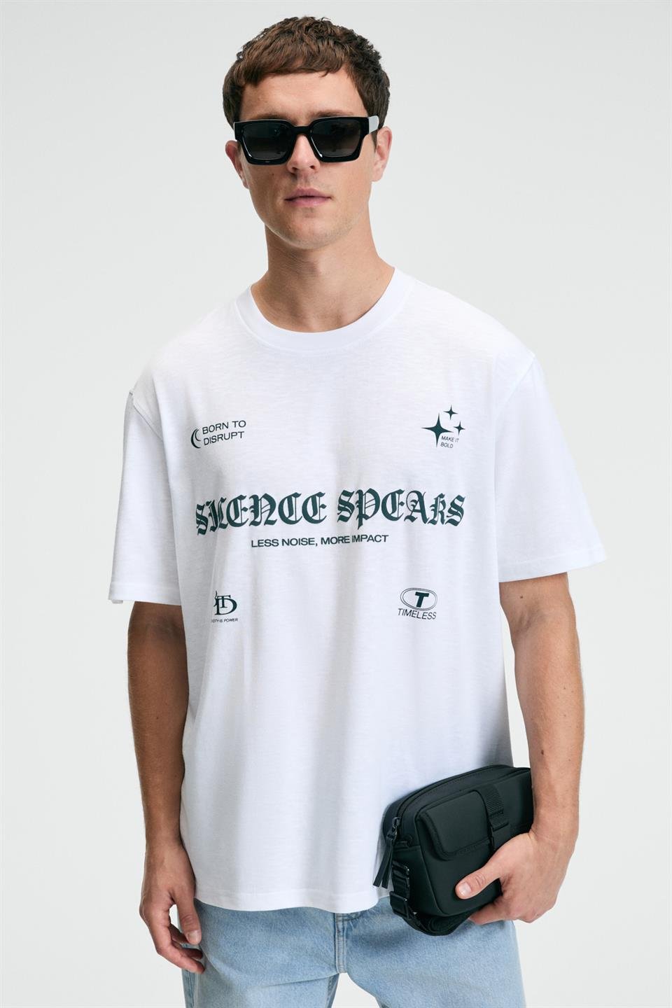 BLISS Erkek %100 Pamuk Oversize Fit Baskılı Kısa Kollu Yuvarlak Yakalı Beyaz T-Shirt
