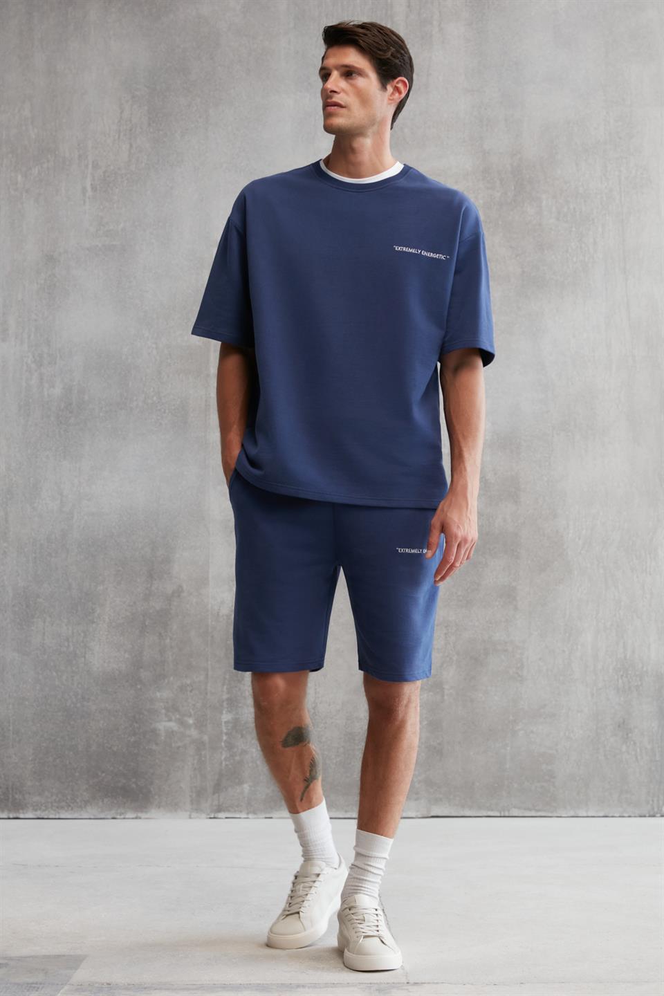 COLOMBIA Erkek 2'Li Set Comfort Fit Rahat Kalıp Yazı Nakışlı Şardonsuz Lacivert Eşofman Takımı