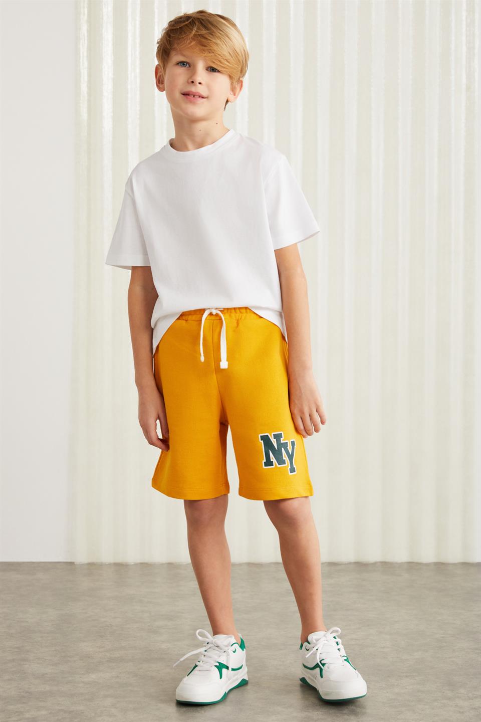 DARVELL-GRM24007 100% pamuk baskılı erkek çocuk şort Sarı Şort