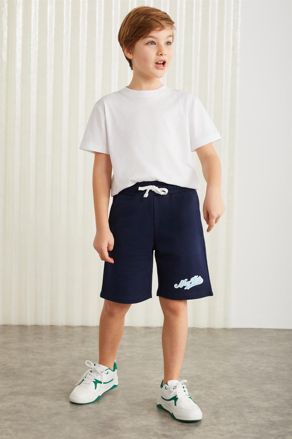 DARVELL-GRM24007 100% pamuk baskılı erkek çocuk şort Lacivert Şort