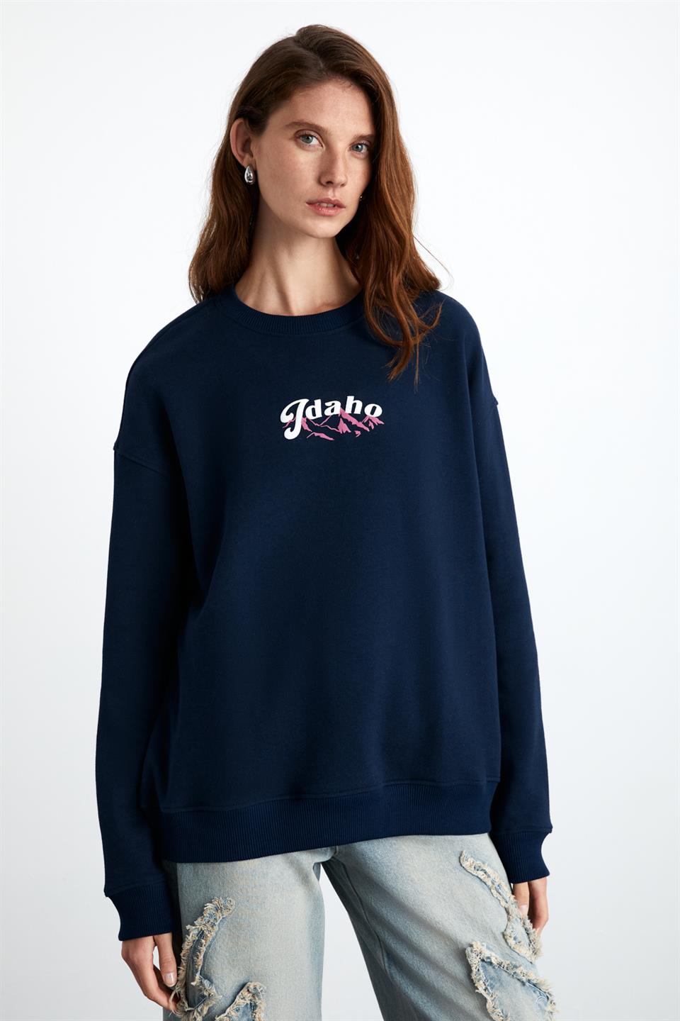 ELINAY Kadın Pamuk-Polyester Koyu Mavi Kazak