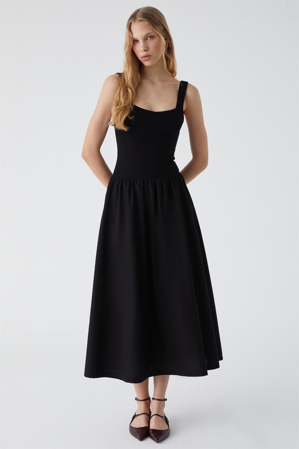 FUEGO Kadın Askılı Yaka Uzun Regular Siyah Elbise