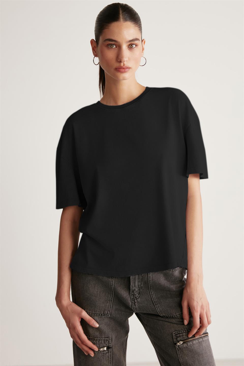 JEMMY Basic Relaxed Siyah Tekli T-Shirt