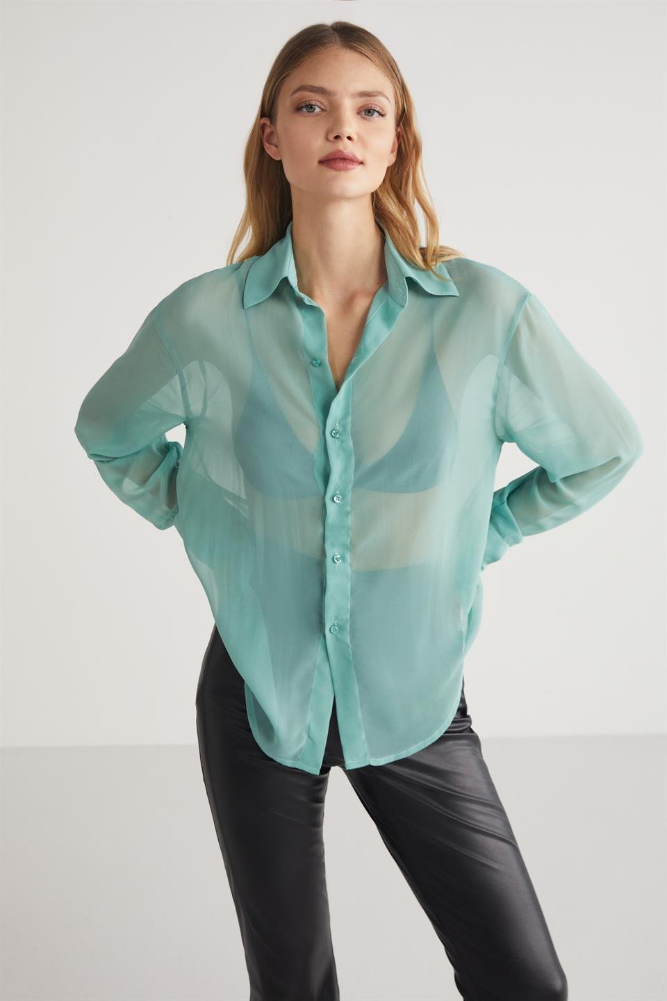 LIMA  Oversize Turkuaz Tekli Gömlek