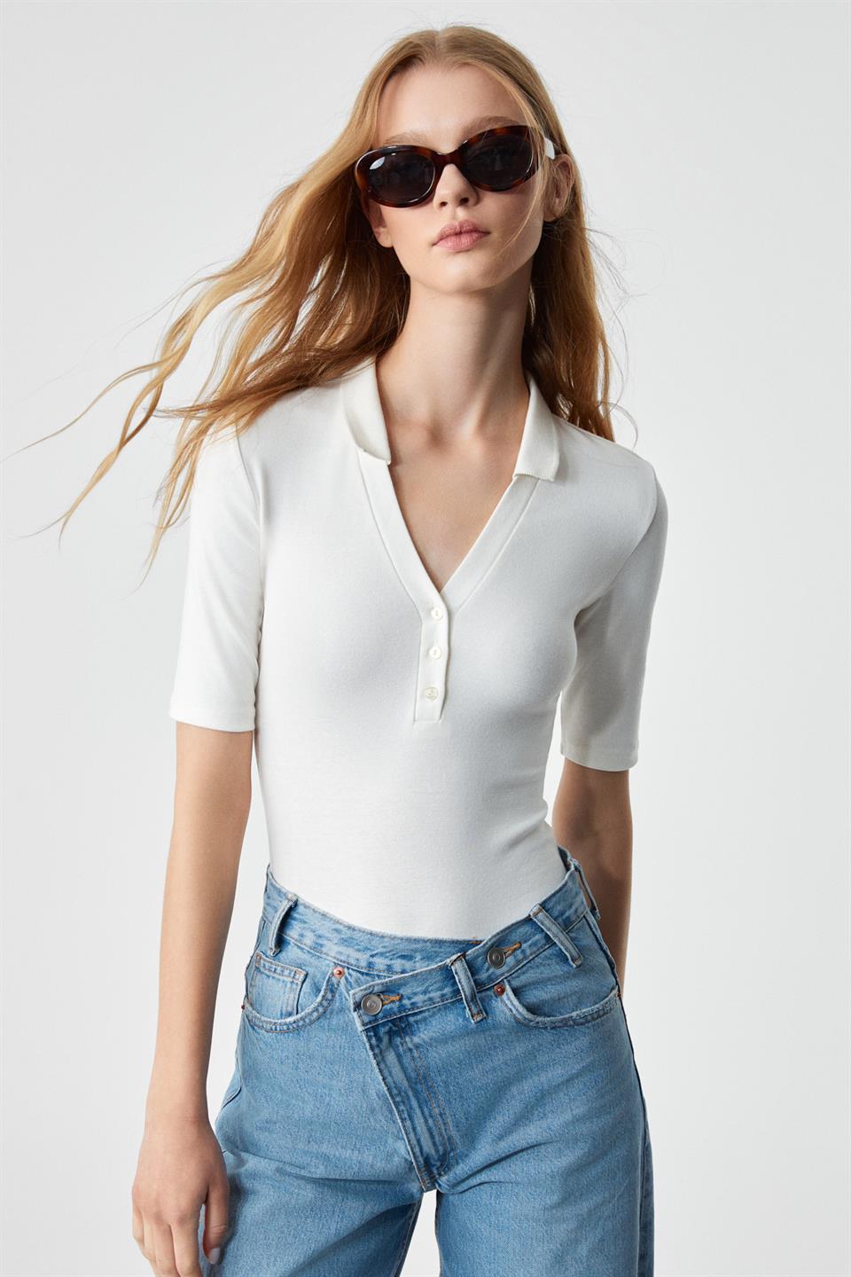 LOKKISER Kadın Düğmeli Apaj Yaka Kısa Kol Beyaz Yelek