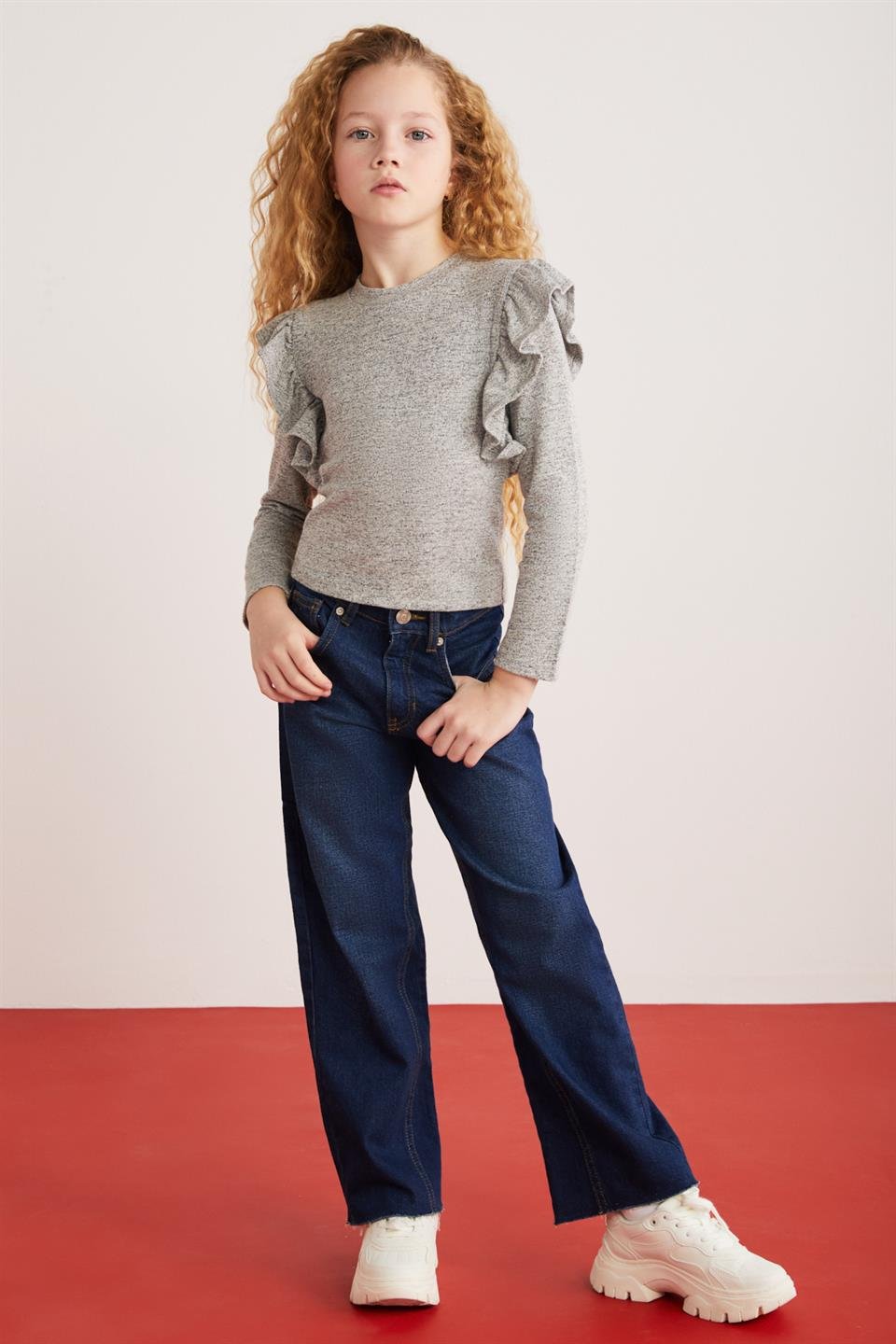 PAREL-GRM24018 %34 polyester %28viscon %33pamuk %5elastne kız çocuk uzun kollu bluz Gri Bluz