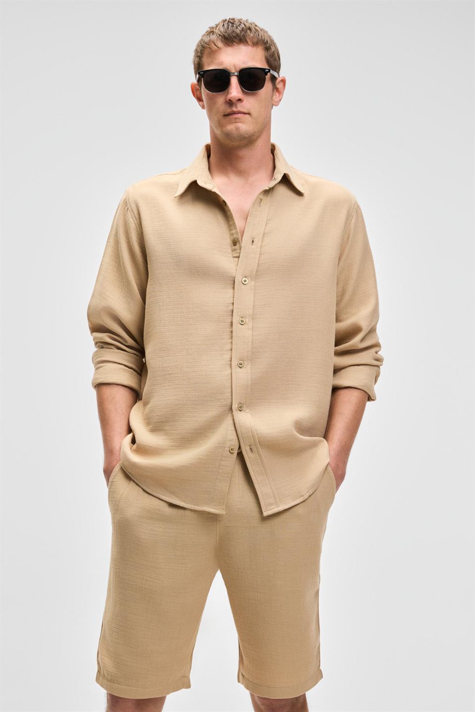 RAIMO Erkek %100 Pamuklu Manşetli Uzun Kol Comfort Fit Bej Gömlek