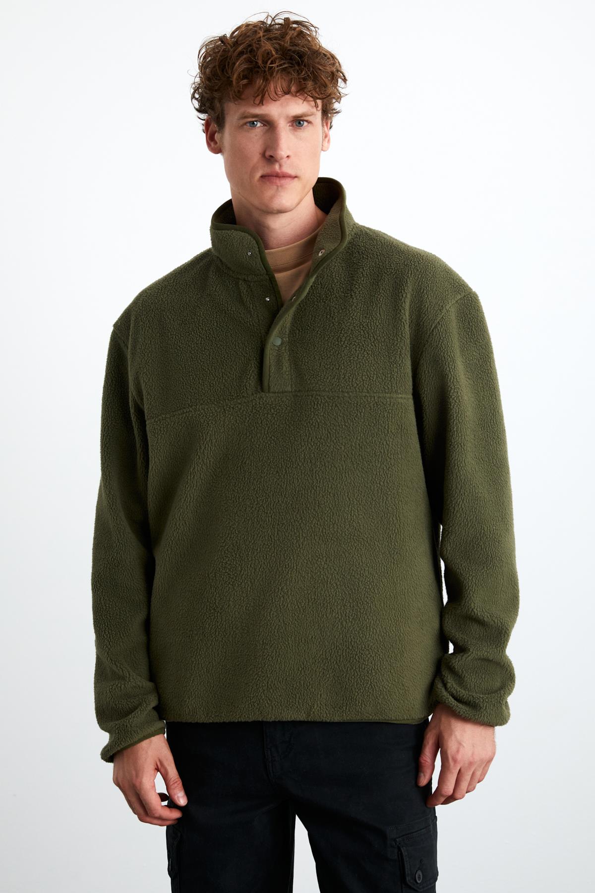 LUDOLF Erkek Pamuk Yarım Fermuarlı Polarlı Haki Sweatshirt