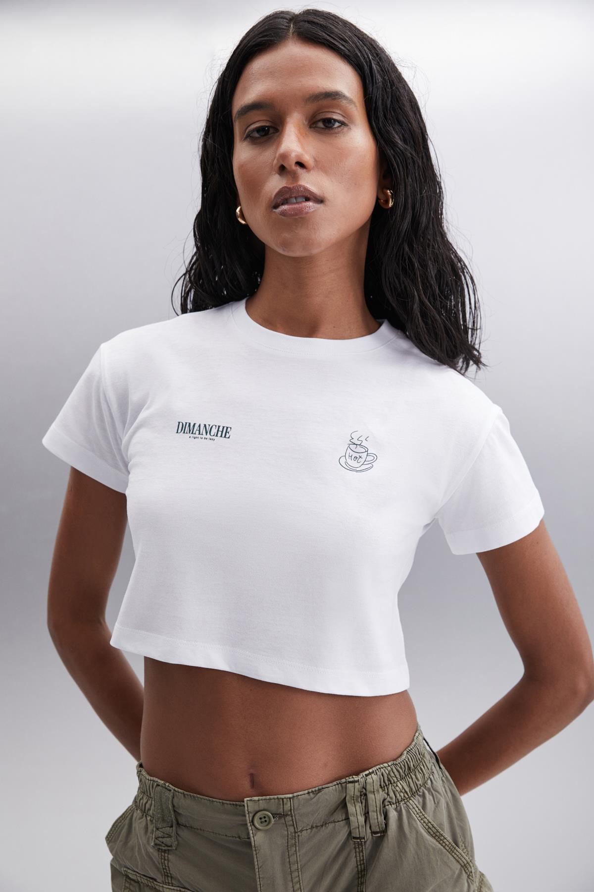 MORAN Crop Beyaz - Yeşil Tekli T-Shirt | Grimelange