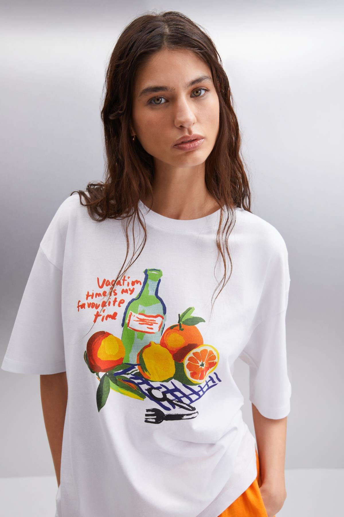 NITZA Kadın %100 Pamuk Oversize Bisiklet Yaka Beyaz T-Shirt