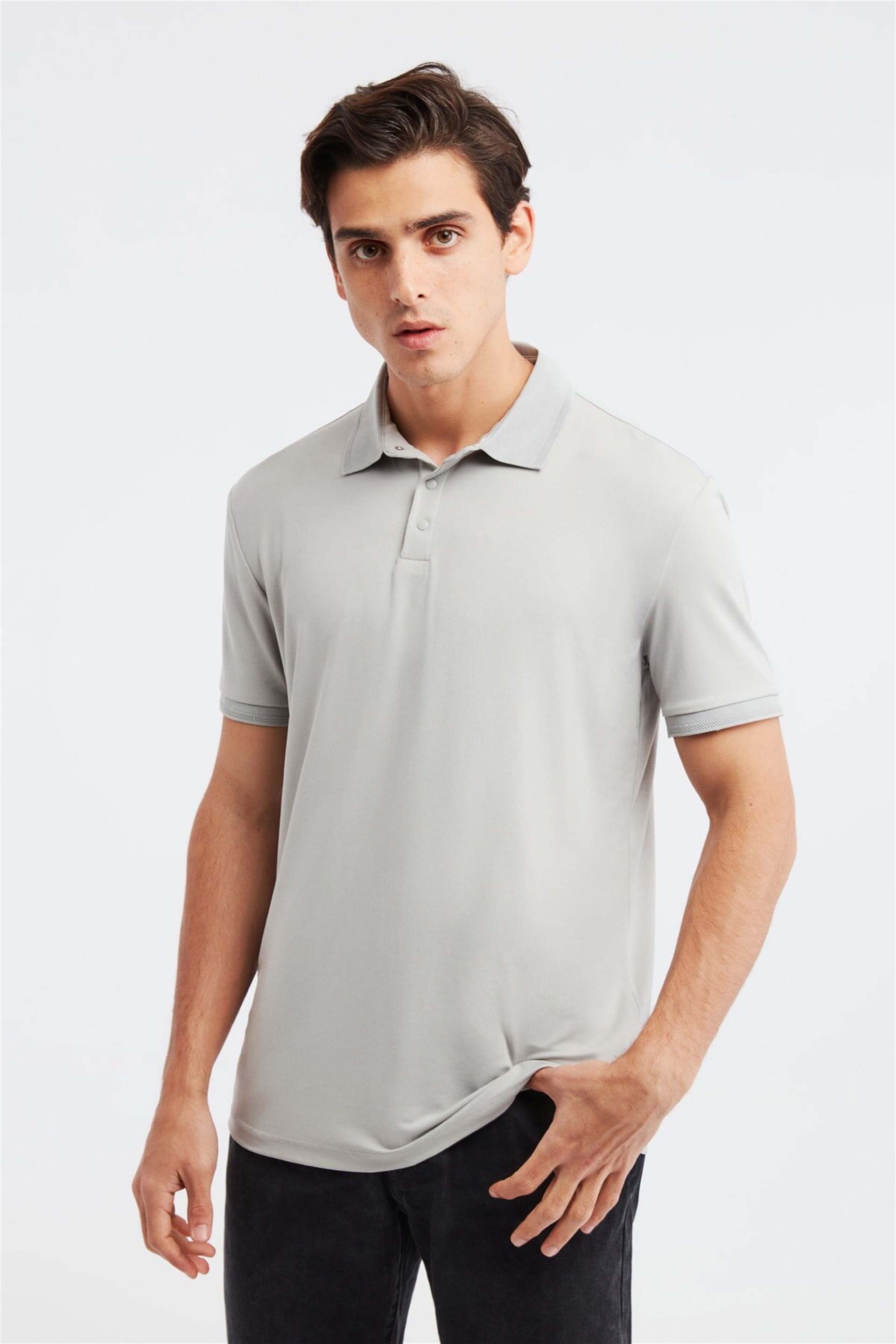 PROGRESS Örme Regular Fit Açık Gri Polo Yaka T-shirt | Grimelange