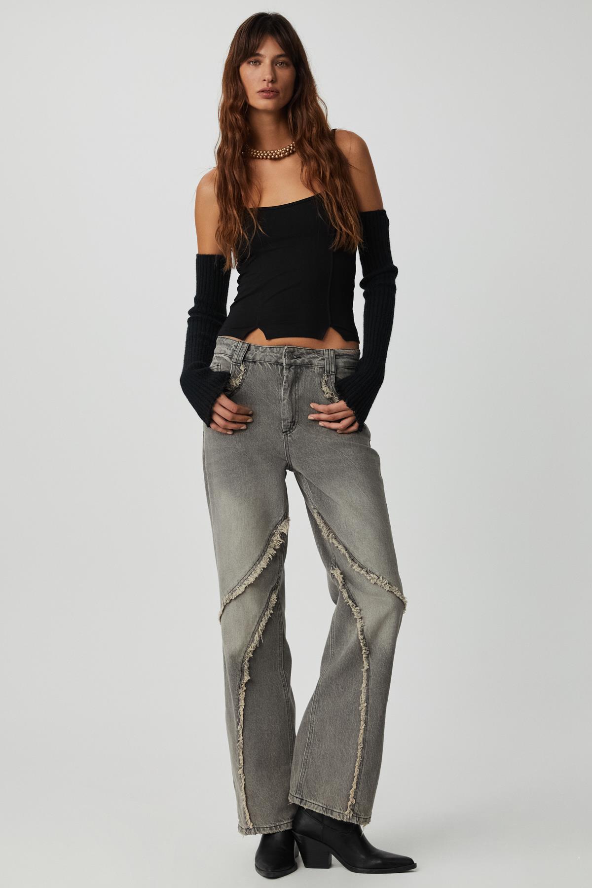 RODEO Kad n Denim Puskullu Kovboy Stili Straight Fit 100 pamuk kot Gri Jeans