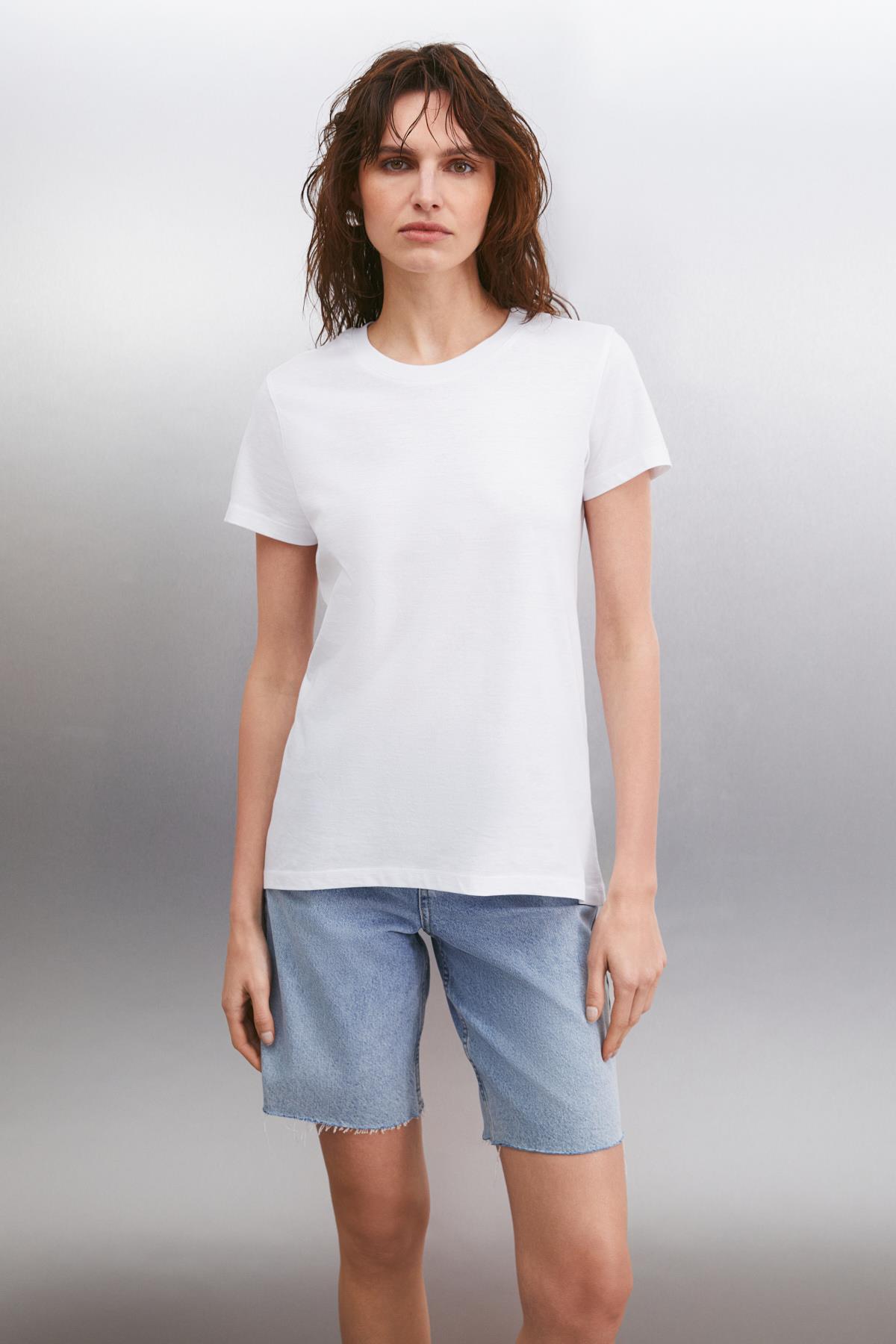 SAMANTHA Kadın Comfort Fit %100 Organik Pamuklu Basic Örme Beyaz T-Shirt · 5