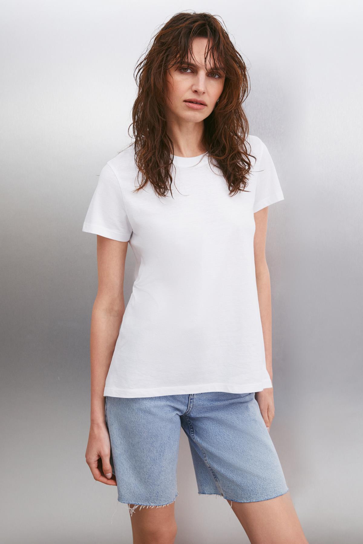 SAMANTHA Kadın Comfort Fit %100 Organik Pamuklu Basic Örme Beyaz T-Shirt · 3