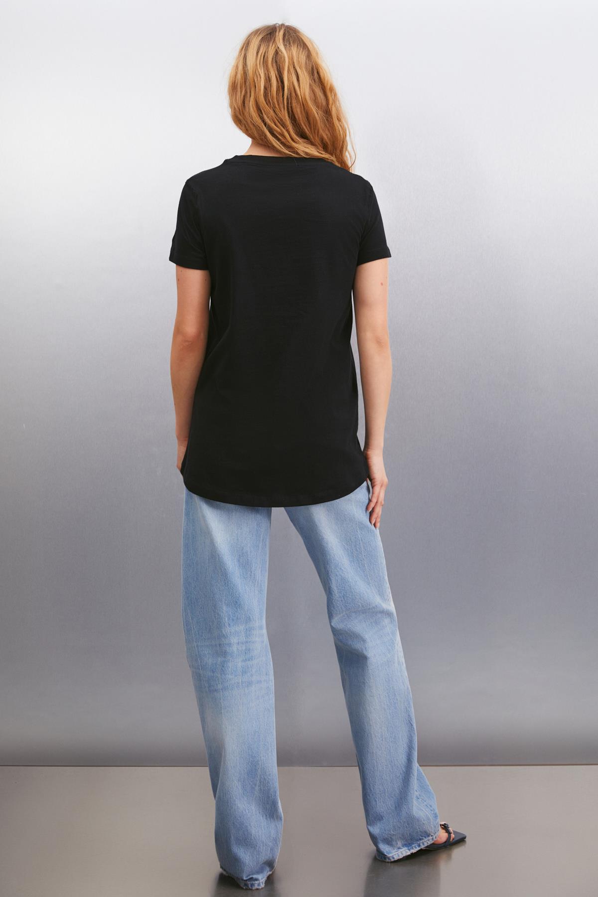 SAMANTHA Kadın Comfort Fit %100 Organik Pamuklu Basic Örme Siyah T-Shirt · 6