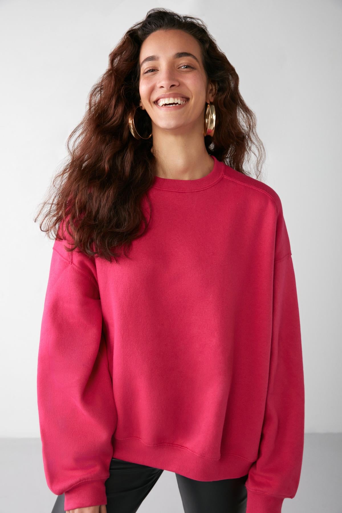 SUSANA Kadın Bisiklet Yaka İçi Polarlı Oversize Fit Basic Pembe