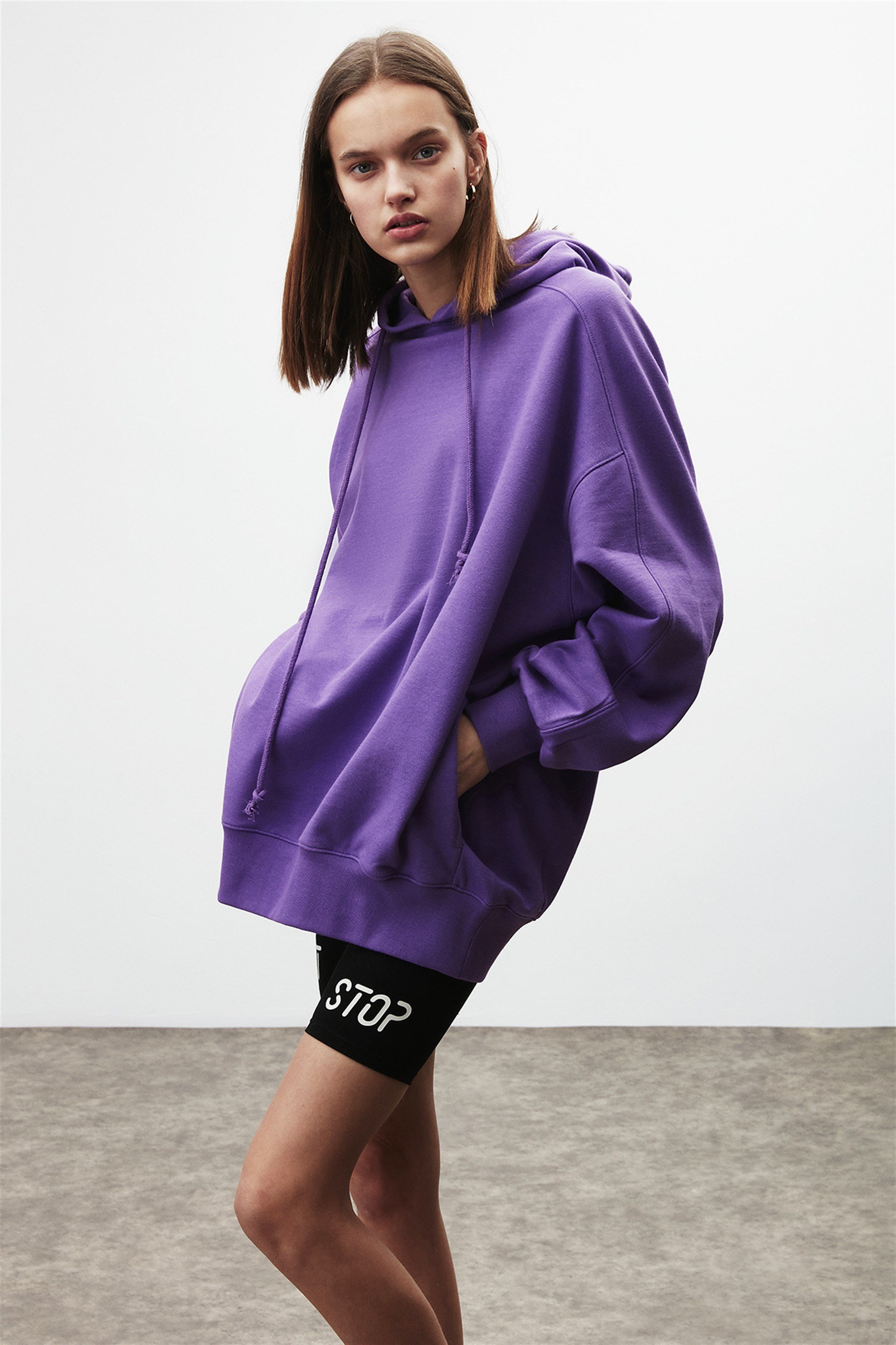 VIENNA Kadın Mor Düz Renk Kapüşonlu Comfort Fit Sweatshirt