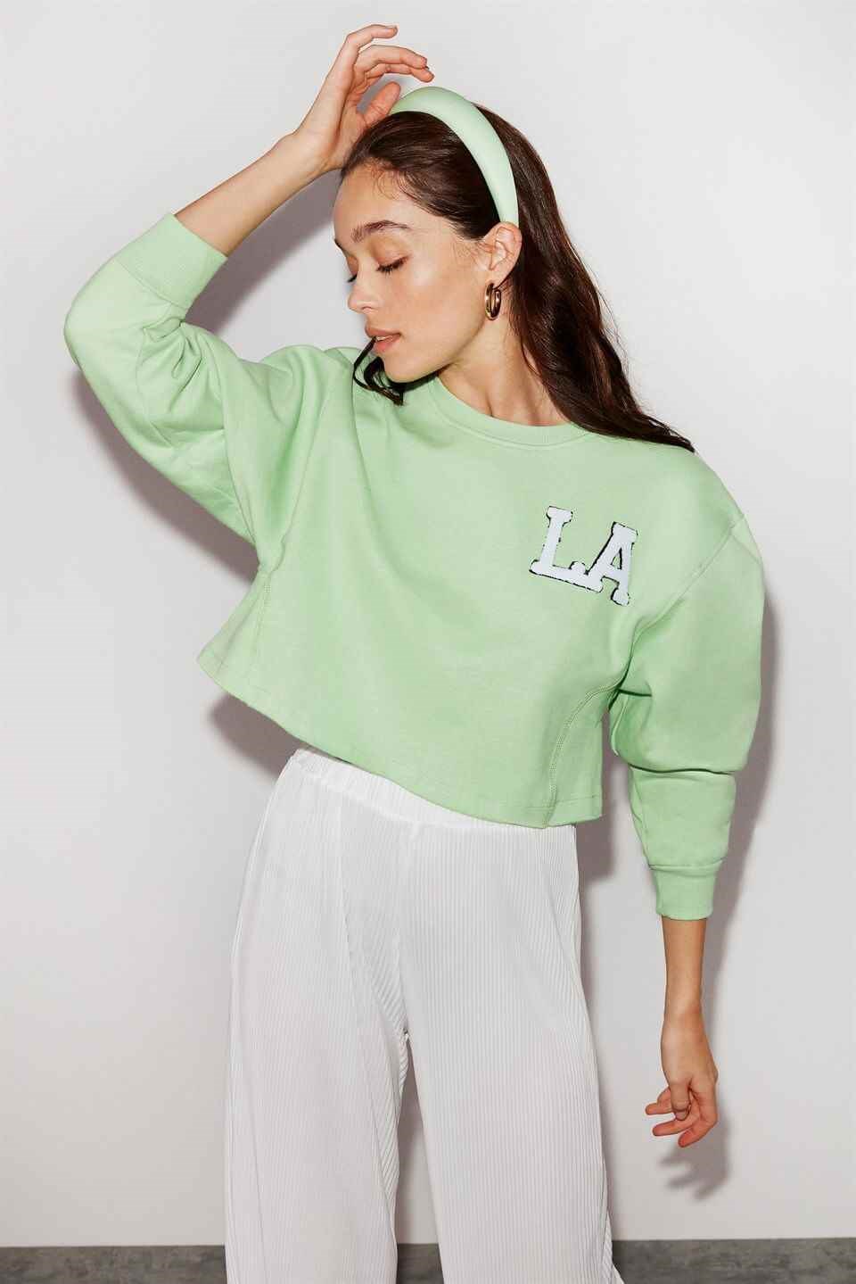 CLARA Örme Crop Fit Yeşil Sweatshirt | Grimelange