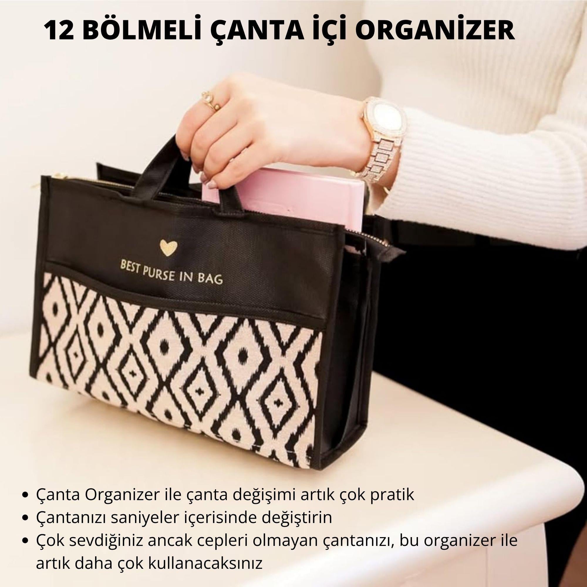 12 Bölmeli Fermuarlı Çanta Organizer, Kadın Çanta Düzenleyici