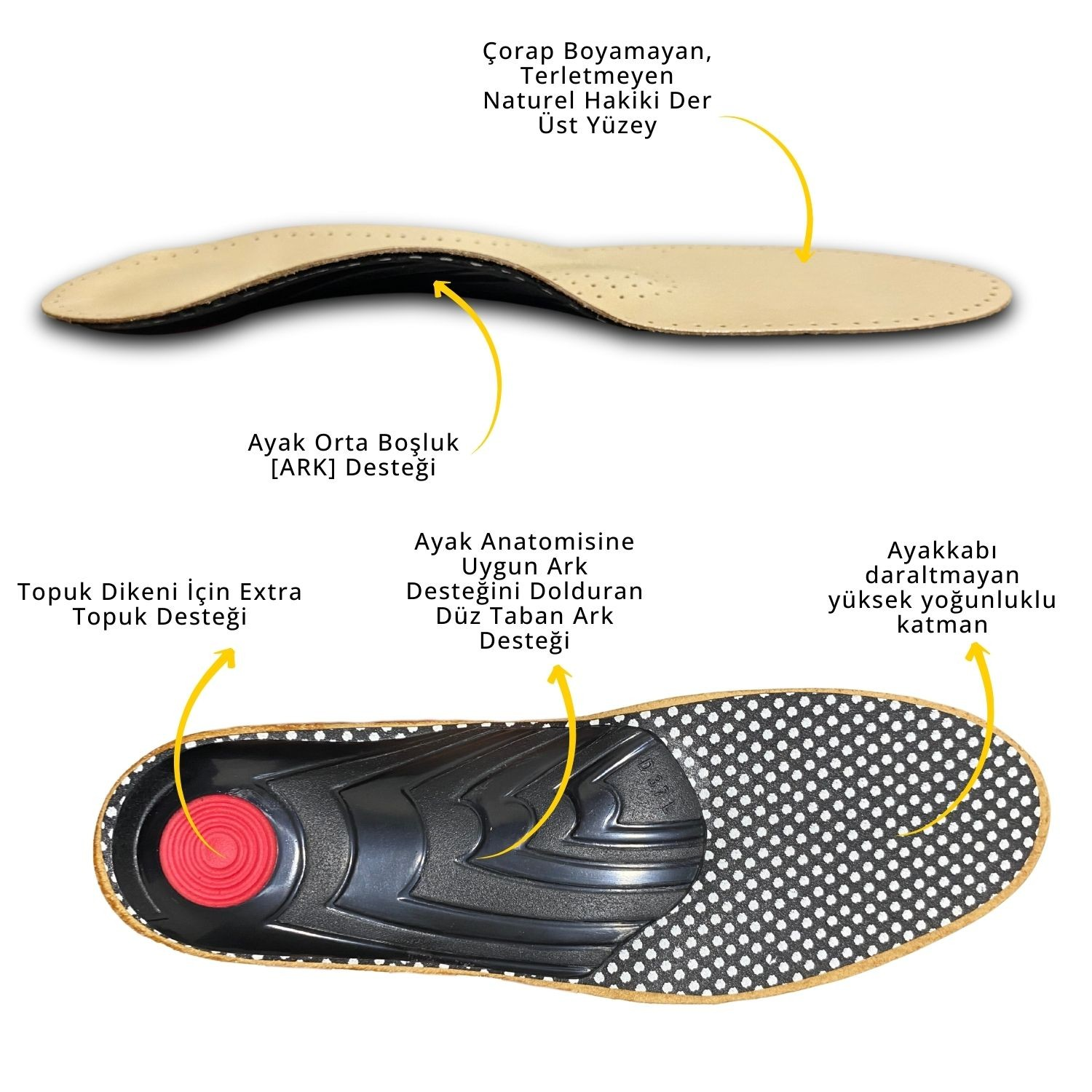 Hakiki Deri Ortopedik İç Tabanlık Bitkisel Tabaklanmış, Ark & Kemer Destekli, Koku ve Ter Önleyici