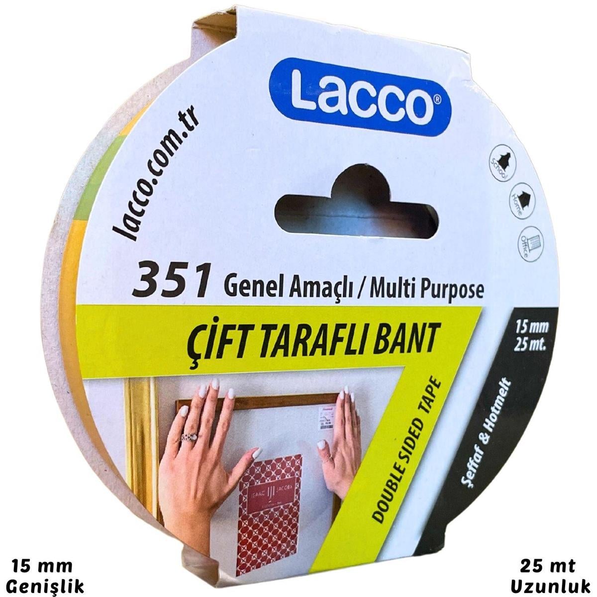 Lacco351 Çift Taraflı Bant, 15 mm-25 Metre, İnce - Şeffaf, Deri Hobi Uğraşı için 