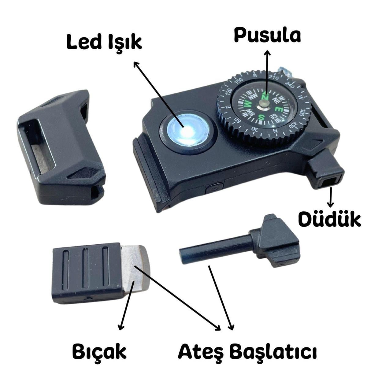 Paracord Bileklik İçin Ateş Başlatıcılı, Düdüklü, Ledli, Bıçaklı, Pusulalı Klips