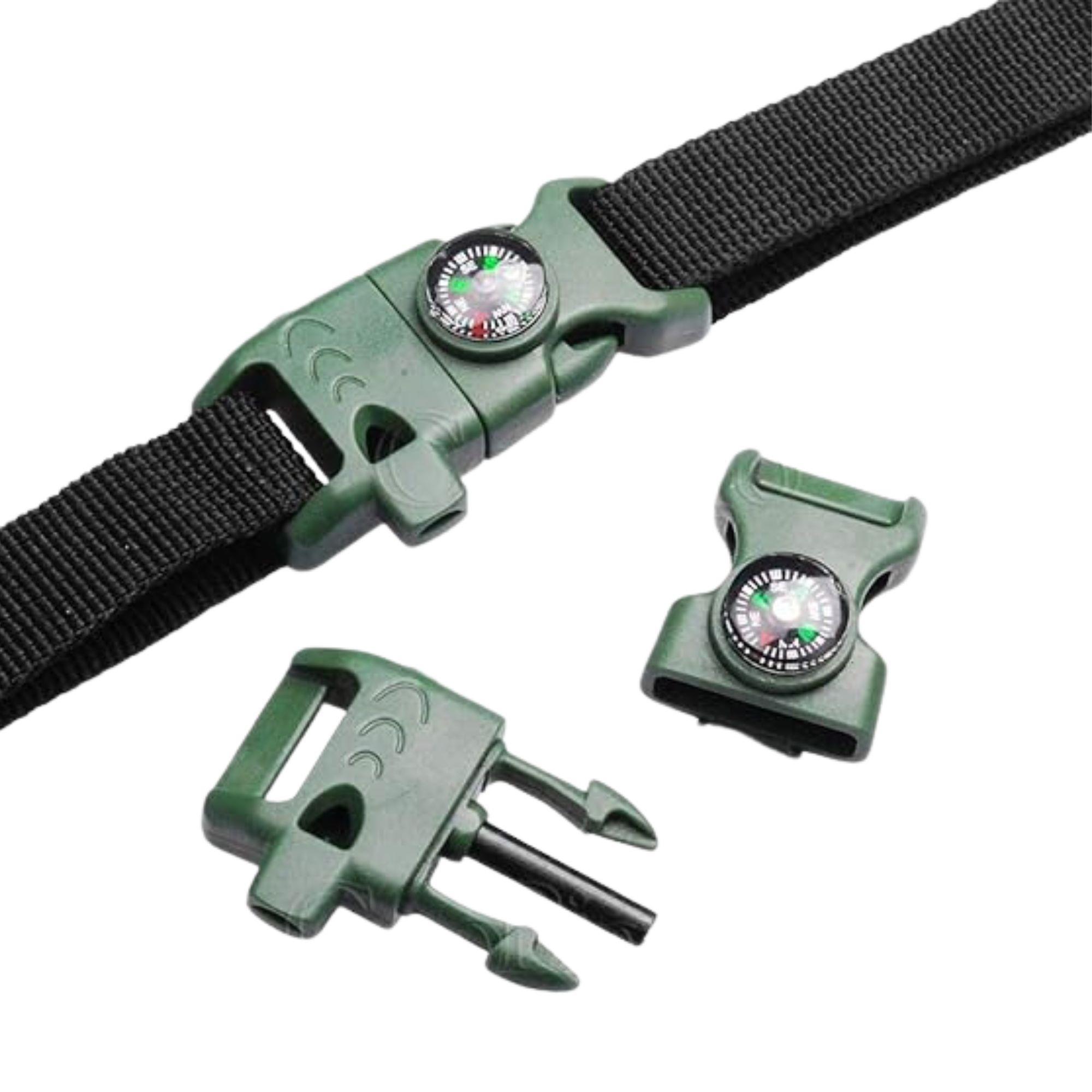 Paracord Bileklik İçin Pusulalı Klips, Ateş Başlatıcılı, Düdüklü, 1 Adet, Haki