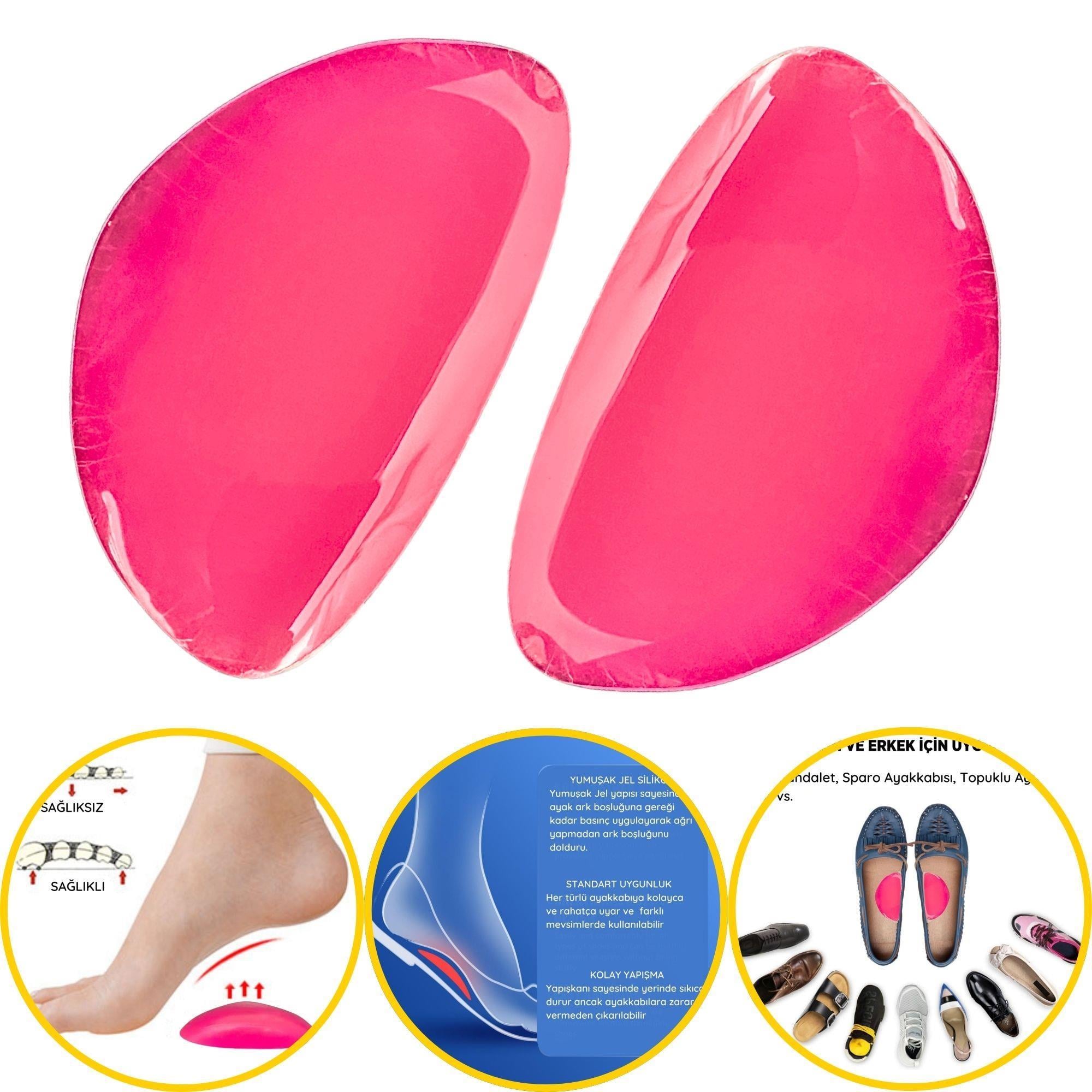 Pembe Jel Ark Desteği, Düz Tabanlık Önleyici İçe Basma Tabanlık, Yapışkanlı Silikon Ped, 1 Çift