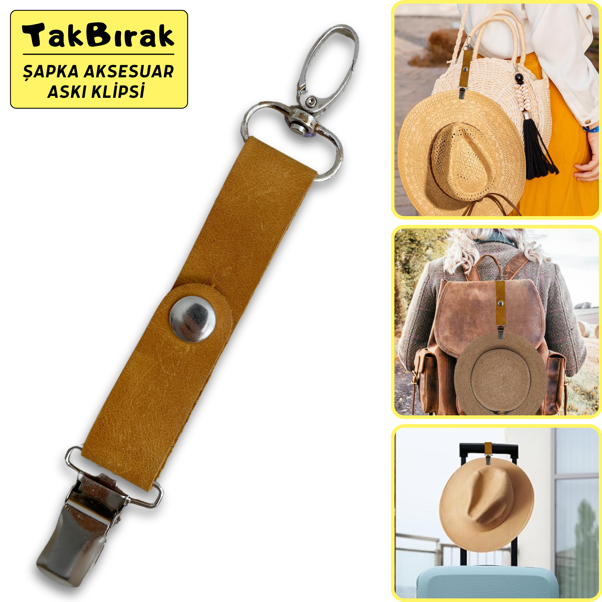 TakBırak Şapka & Aksesuar Askı Klipsi, Hakiki Deri & Metal Aparat Valiz Çanta Askısı Aksesuarı
