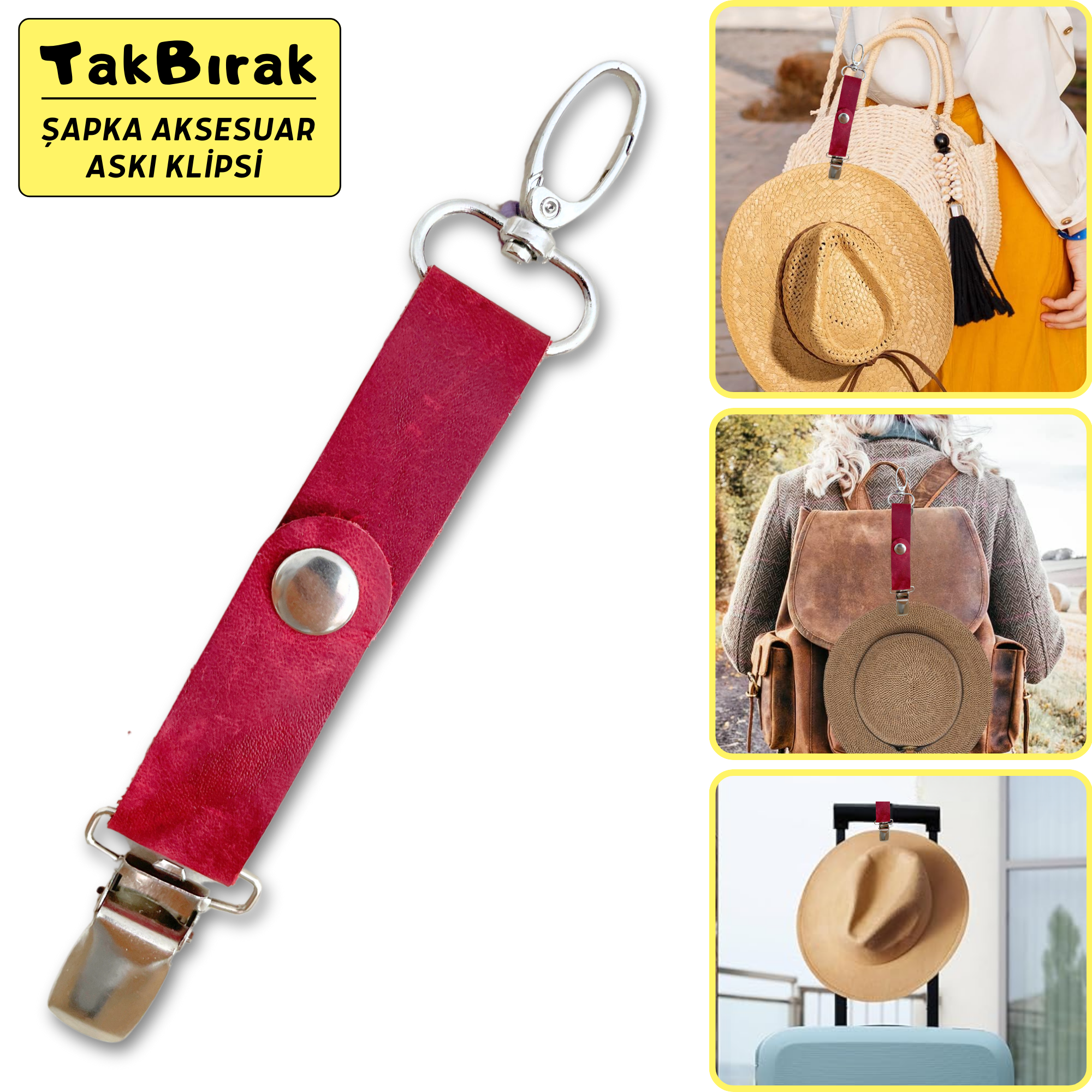 TakBırak Şapka & Aksesuar Askı Klipsi, Hakiki Deri & Metal Aparat Valiz Çanta Askısı Aksesuarı